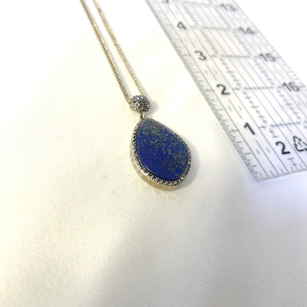 Vintage Lapis Lazuli Teardrop Pendant Necklace Long Chain Blue Gold Fleck Boho - Picture 7 of 16